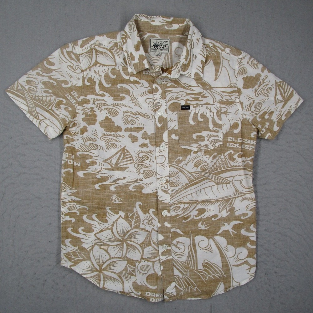 Dark Seas Kalani David Mens Tan Nautical Cotton Button Up Shirt Small Reverse